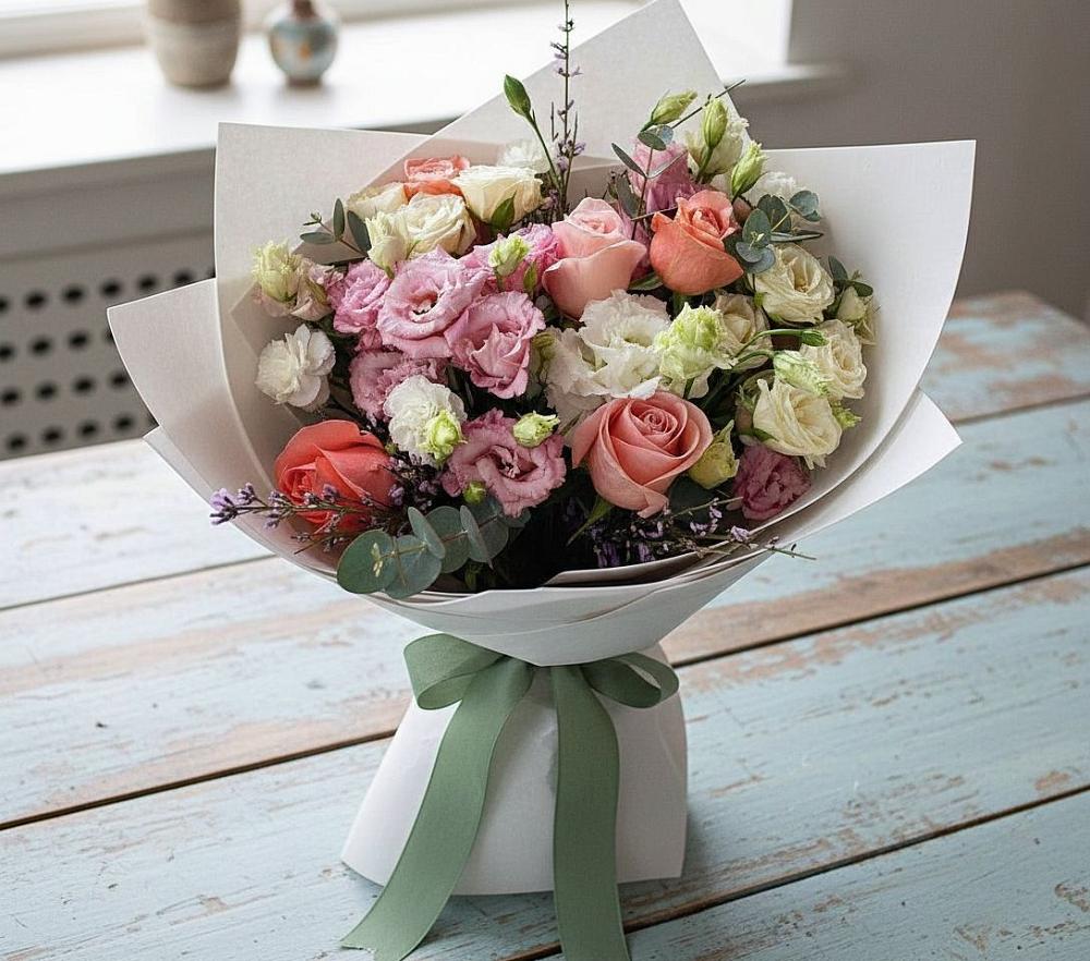 Букет цветов из: Розы, Лизиантусы и Гвоздики в Володарске