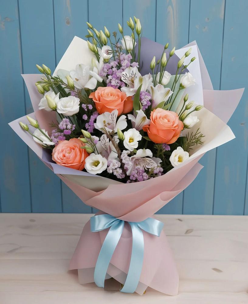 Букет цветов из: Лизиантусы, Розы, Альстромерии и Гипсофила в Володарске